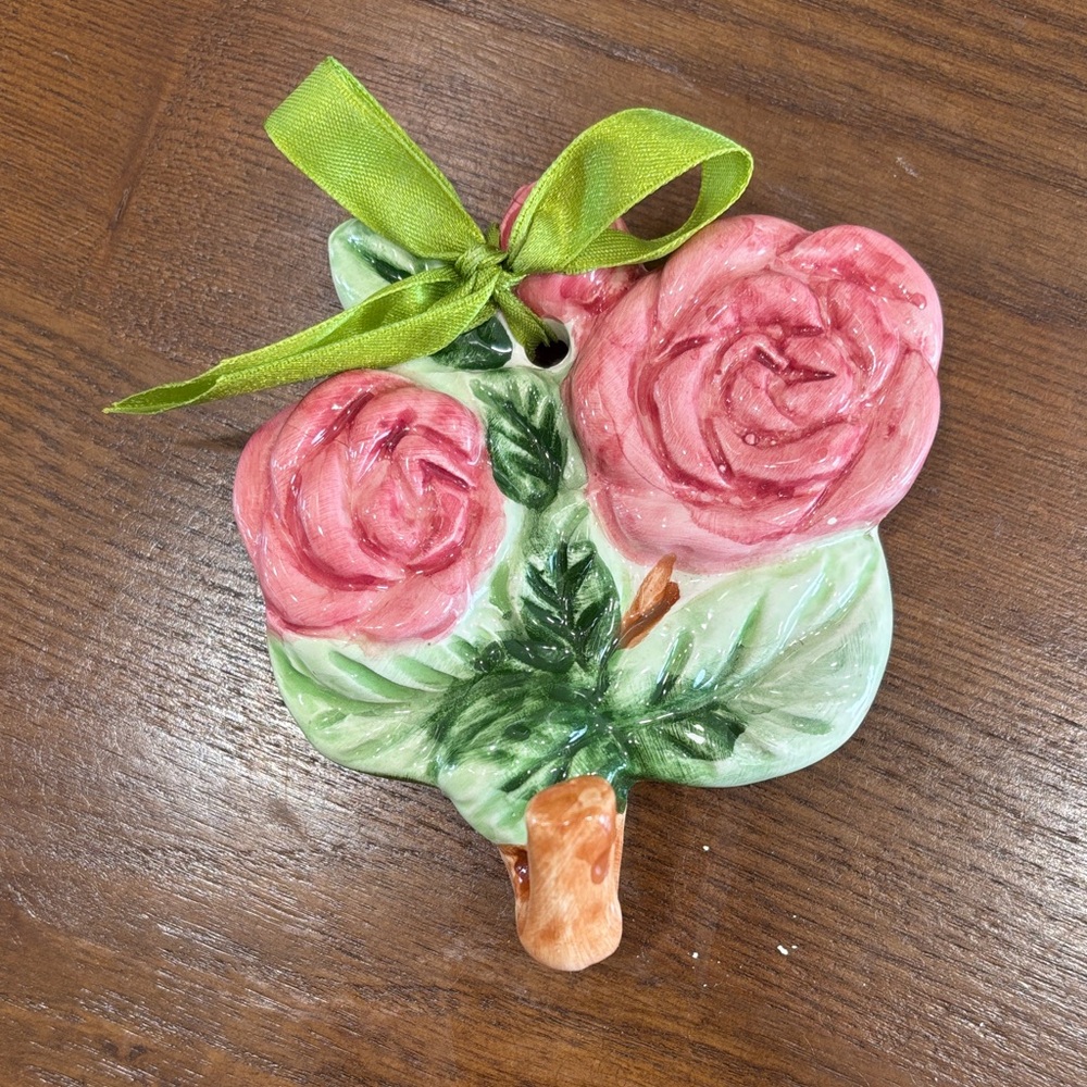 Handpainted Ceramic Rose Ornament Hook with Green Ribbon
